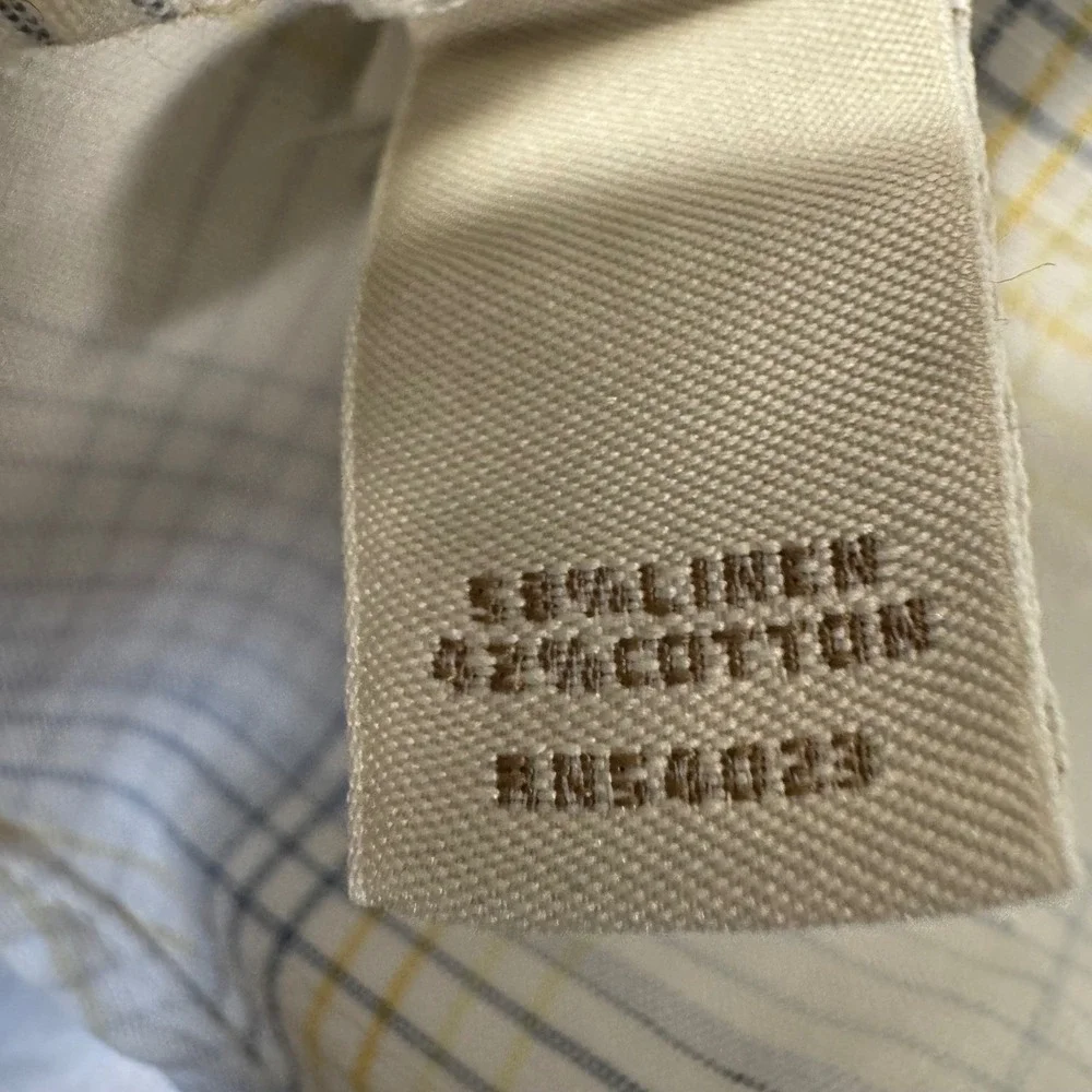Banana Republic Button Down Shirt Mens L White Yellow Plaid Linen Cotton Blend‎